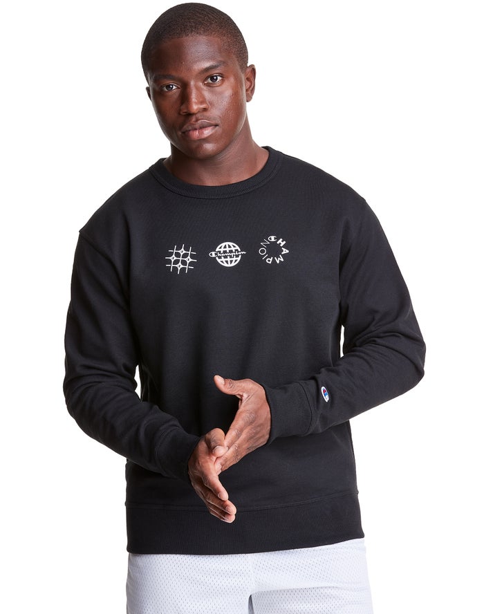 Champion Powerblend Fleece Crew Multi-Logos Erkek Sweatshirt Siyah ( CFIBJE295 )